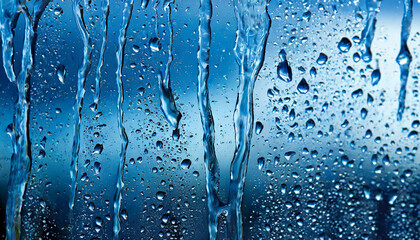 Blue in color, water droplets flowing down the glass. Abstract background. - obrazy, fototapety, plakaty