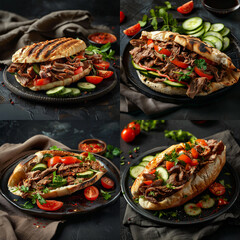 oriental shawarma with meats and vegetables in pita bread. Doner. On a dark background with a dark cloth napkin collage