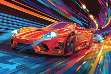 A heart-pounding cartoon depicting high-octane supercars battling for position on a vibrant racetrack. Rich textures and bold colors capture the electrifying speed and fierce competition.