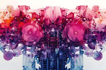 Tapestry of Mirrored Digital Twin Engines in Berry Delicious Color Palette with Cinematic Photographic Style