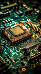 Close-up of computer circuit board with central processing unit (CPU) in center. CPU small, square chip with grid of tiny gold pins on bottom.