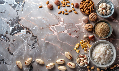 nuts on a marble kitchen table seen from above with copy space (almond, chestnuts, walnuts) 