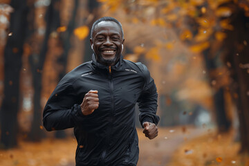A man is running in a park with trees in the background. He is smiling and he is enjoying himself