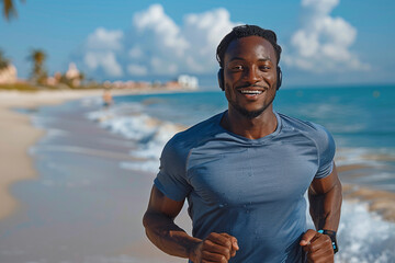 A man runs along the beach in the background. He smiles and enjoys himself.