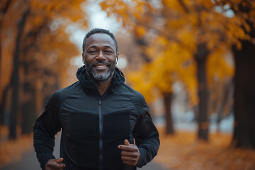 A man is running in a park with trees in the background. He is smiling and he is enjoying himself