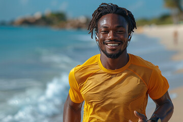 A man runs along the beach in the background. He smiles and enjoys himself.