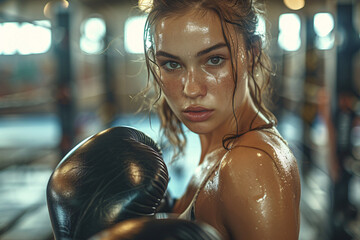 A woman with wet hair in a boxing ring wearing boxing gloves.