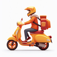 A man in an orange jacket rides a scooter with a backpack on