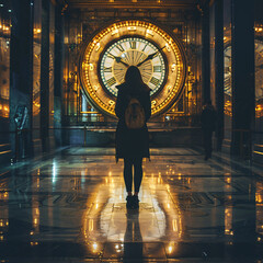 Woman looking at a large wall clock. Concept of time and life