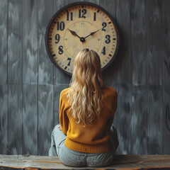 Woman looking at a large wall clock. Concept of time and life