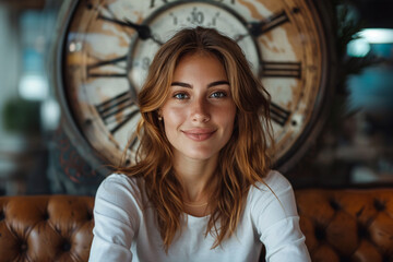 Woman under a large wall clock, looking at the camera. Concept of time and life
