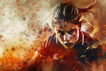 a determined female rugby player during a crucial game. Her focused gaze and mud-caked jersey convey the intensity of the competition. The rich color palette and detailed textures 