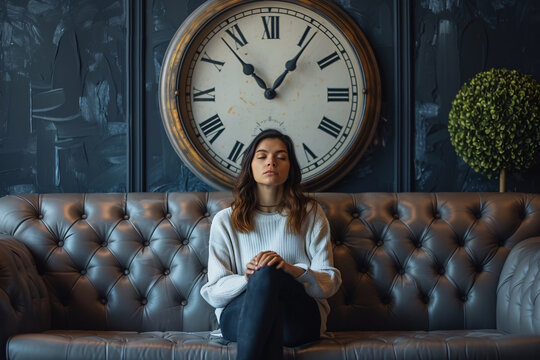 Fototapeta Woman under a large wall clock, eyes closed. Concept of time and life
