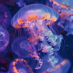 Closeup, glowing jellyfish near underwater city, vibrant colors, empty, dusk ambiance, soft focus - obrazy, fototapety, plakaty
