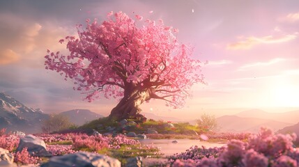 Fototapeta na wymiar Blossoming Tree Frame a majestic cherry blossom, Cherry blossom. Bright pink sakura flowers spring background 