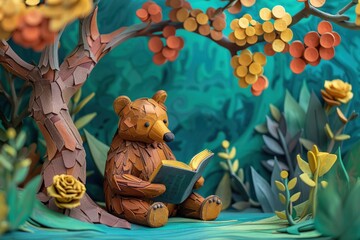 Bear reading under a tree, World Book Day, clay 3D, abstract geometric, vivid colors