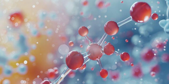 Biochemistry molecular or red color atom structure in medical science, blue abstract background. macromolecule proteomics research technologies. 3D render. 