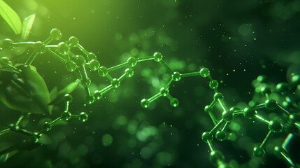 Biochemistry molecular or atom structure in medical science, green abstract background. macromolecule proteomics research technologies. 3D render. 
