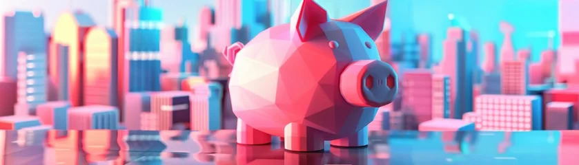 Rolgordijnen Piggy bank on a future cityscape, 3D render, clay style, geometric shapes, colorful background © auc