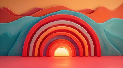 Obraz premium Sunrise icon, 3D clay rendering, colorful geometric abstraction, vivid