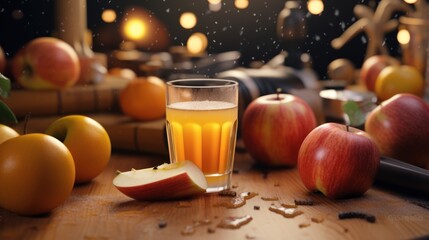 Apple juice pouring from red apples fruits in summer - obrazy, fototapety, plakaty