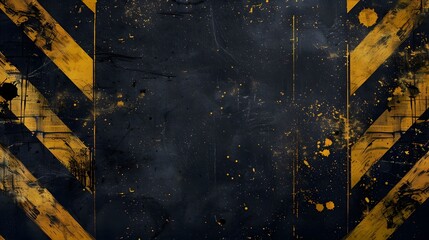 Dramatic yellow paint strokes shaping grunge border on rough black wall, abstract diagonal police lines in yellow on isolated black backdrop