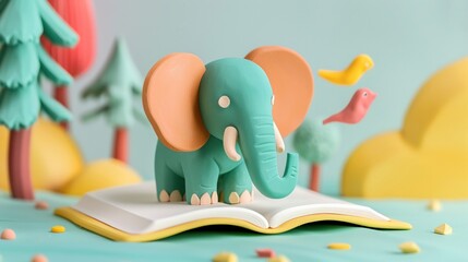 Elephant with a storybook, World Book Day, 3D clay, colorful geometric shapes