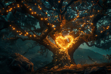 Fototapeta na wymiar A giant tree with a glowing heart