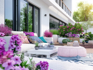 Fototapeta na wymiar Beautiful modern summer terrace in happy colors furniture