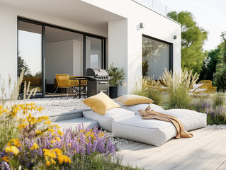 Beautiful modern summer terrace in happy colors furniture