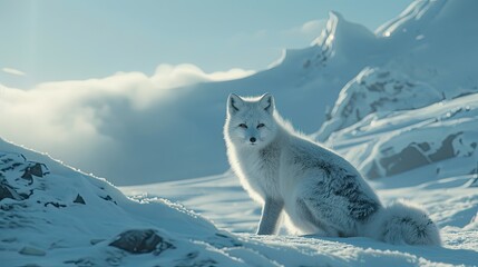 Craft a scene where an Arctic fox stands as a frosty guardian of the snow-covered tundra, its...