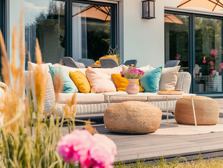 Beautiful modern summer terrace in happy colors furniture