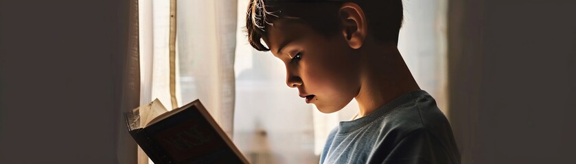 Focused kid reading, closeup photography, World Book Day, minimal backdrop