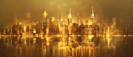 Fototapeta na wymiar A majestic 3D golden city skyline, with realistic shimmering lights, set against a twilight sky, creating a stunning urban landscape.