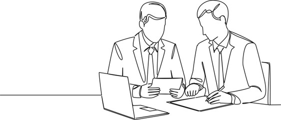 continuous single line drawing of two businessmen in meeting, line art vector illustration