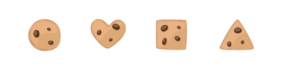 Cookie with chocolate drops. Cookies vector flat set. Different shapes biscuits.