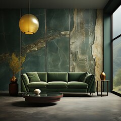 A green velvet sofa in front of an olive marble wall with golden veins, a golden pendant light hanging above the coffee table