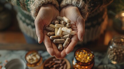 Person holding a variety of pills and capsules, which are spilling from a container into their hand - obrazy, fototapety, plakaty