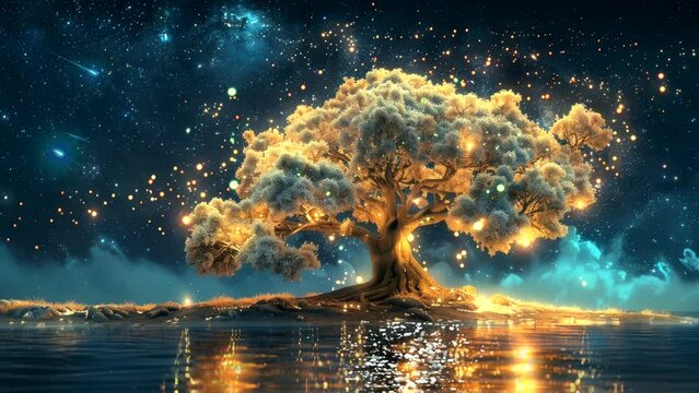 magic tree at night with star fall, amazing view nature video background looping for live wallpaper 4k 