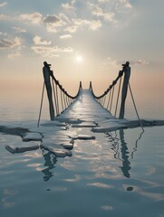 Fototapeta premium Broken Bridge Reflecting Symbolic Disconnect and Defeated Progress in Serene Dreamscape Sunset Scenery