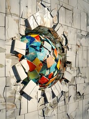 Multicolored Geometric Sphere Shattering Through Wall Symbolizing Innovative Thinking
