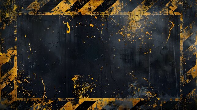 Dynamic yellow brushstrokes creating grunge border on isolated black backdrop, abstract diagonal police lines in yellow on rugged black background