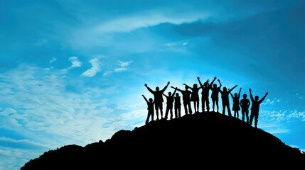  Silhouette of a happy group of people standing with raised arms on top of a mountain, with a blue sky background