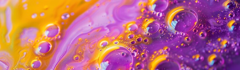 Fluid abstract art with purple and yellow swirls, bubbles, vibrant, dynamic, organic flow