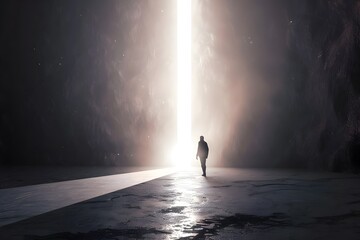 Solitary Figure Stepping Into Ethereal Light Beam Emerging From Darkness Conceptual Metaphoric Breakthrough Moment