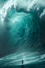 Courageous Surfer Facing the Towering Crashing Waves of the Majestic Ocean