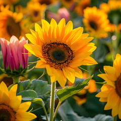 Naklejka premium sunflower and tulip with sunlight in the foreground