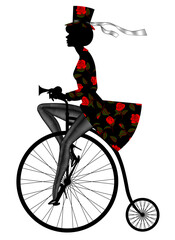 Black silhouette of a woman in a top hat with open sexy legs, in dark tights and dress with a colorful ornament with roses riding a retro bike. Drawing in 
vintage engraving style. Vector illustration