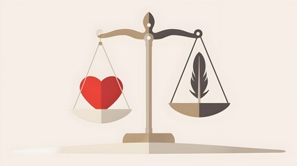 Balanced Scale with Heart and Feather Representing Righteousness and Fairness in Minimalist Design, Watercolor Biblical Illustration ,copy space , minimalist