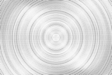 Radial halftone spotted and dotted gradient background. Concentric stains texture with fading effect. Black and white rough wallpaper. Grunge monochrome geometric backdrop. Vector illustration.